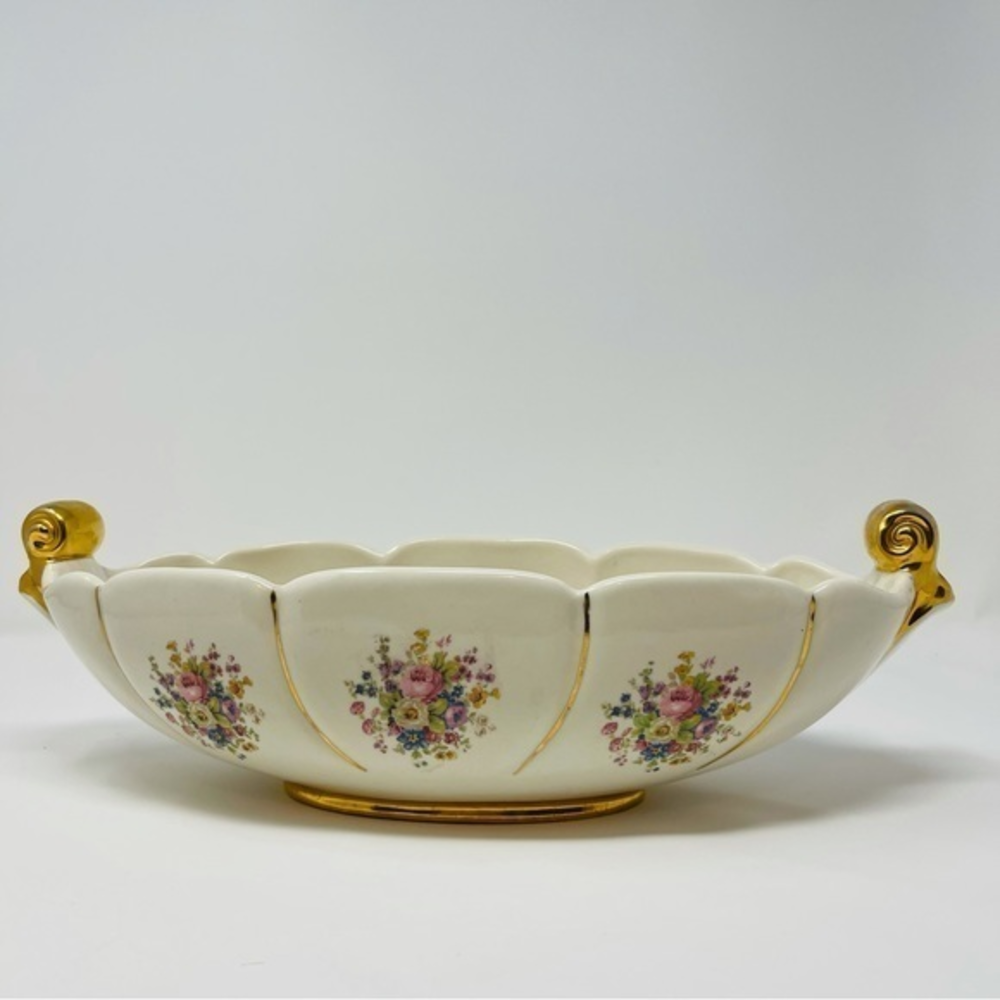 Abington Vintage USA Pottery Pink Floral Gold Trim Console Bowl Gold‎ Scroll’s